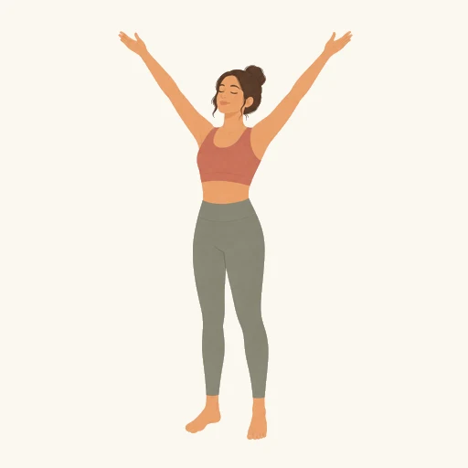 Illustration of a woman standing tall, arms lifted overhead, taking a big breath