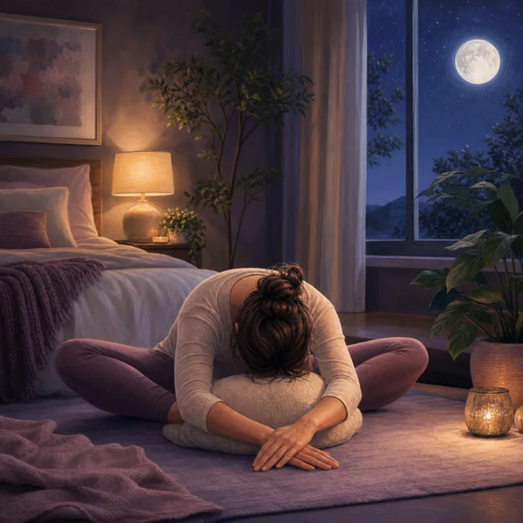 A woman folding into a calm stretch by a moonlit bedroom window