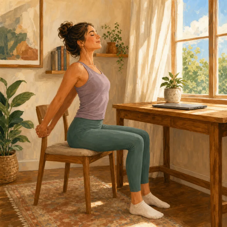 A woman stretching beside a desk during a work break