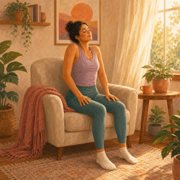 A woman resting into a soft seated stretch on a rug in warm light