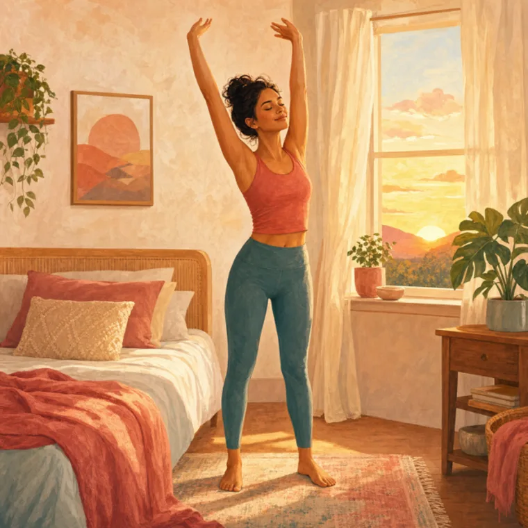 A woman stretching by a bright window at sunrise in a warm room