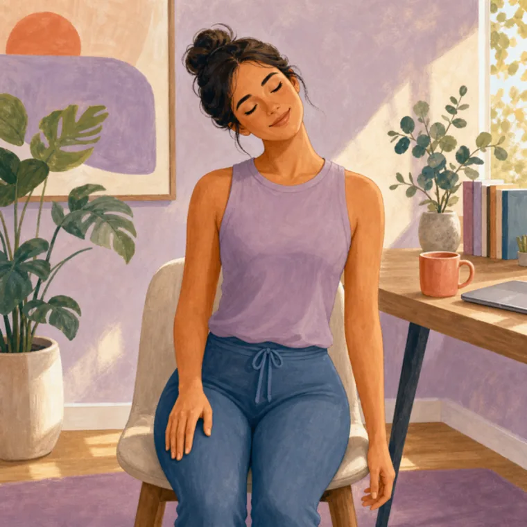 A woman easing her neck and shoulders in a calm sunlit room