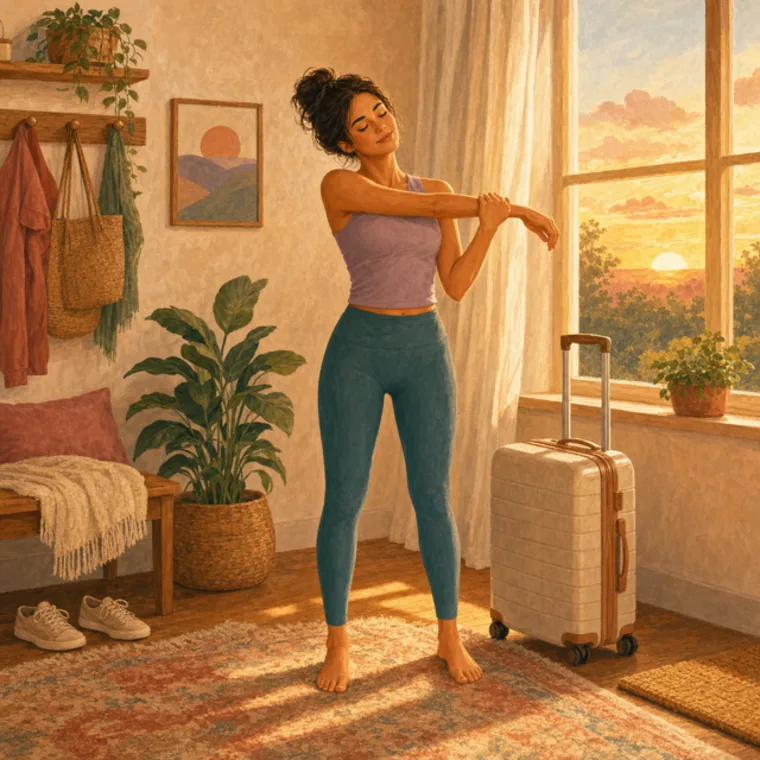 A woman stretching beside a suitcase by a sunset window