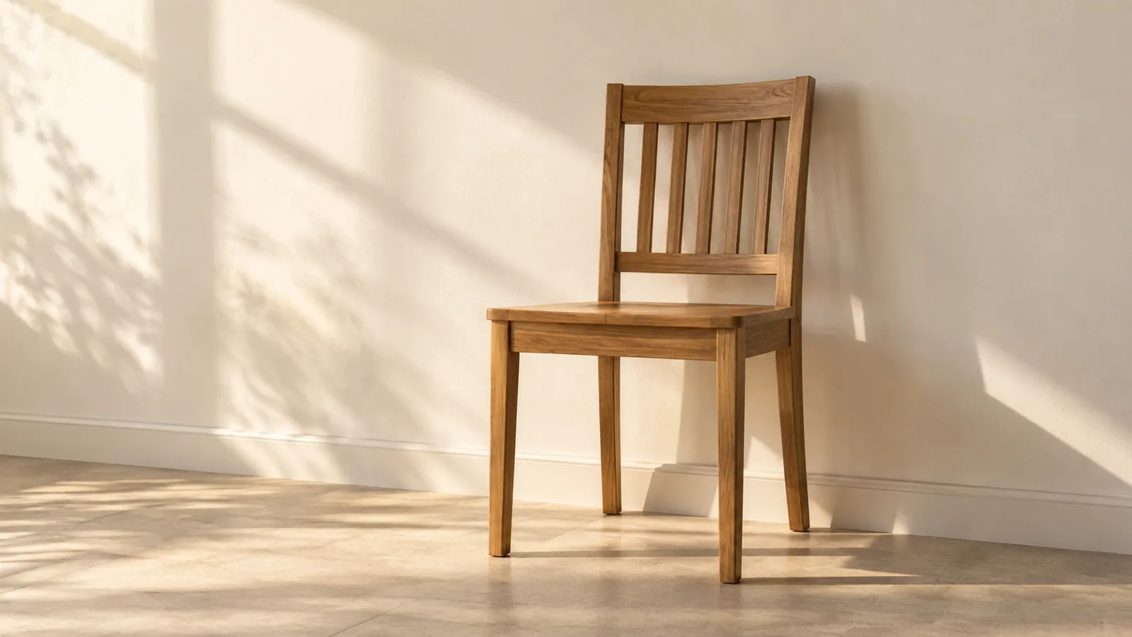 An empty sturdy dining chair pushed back against a plain wall, set up safely for a seated stretching routine.