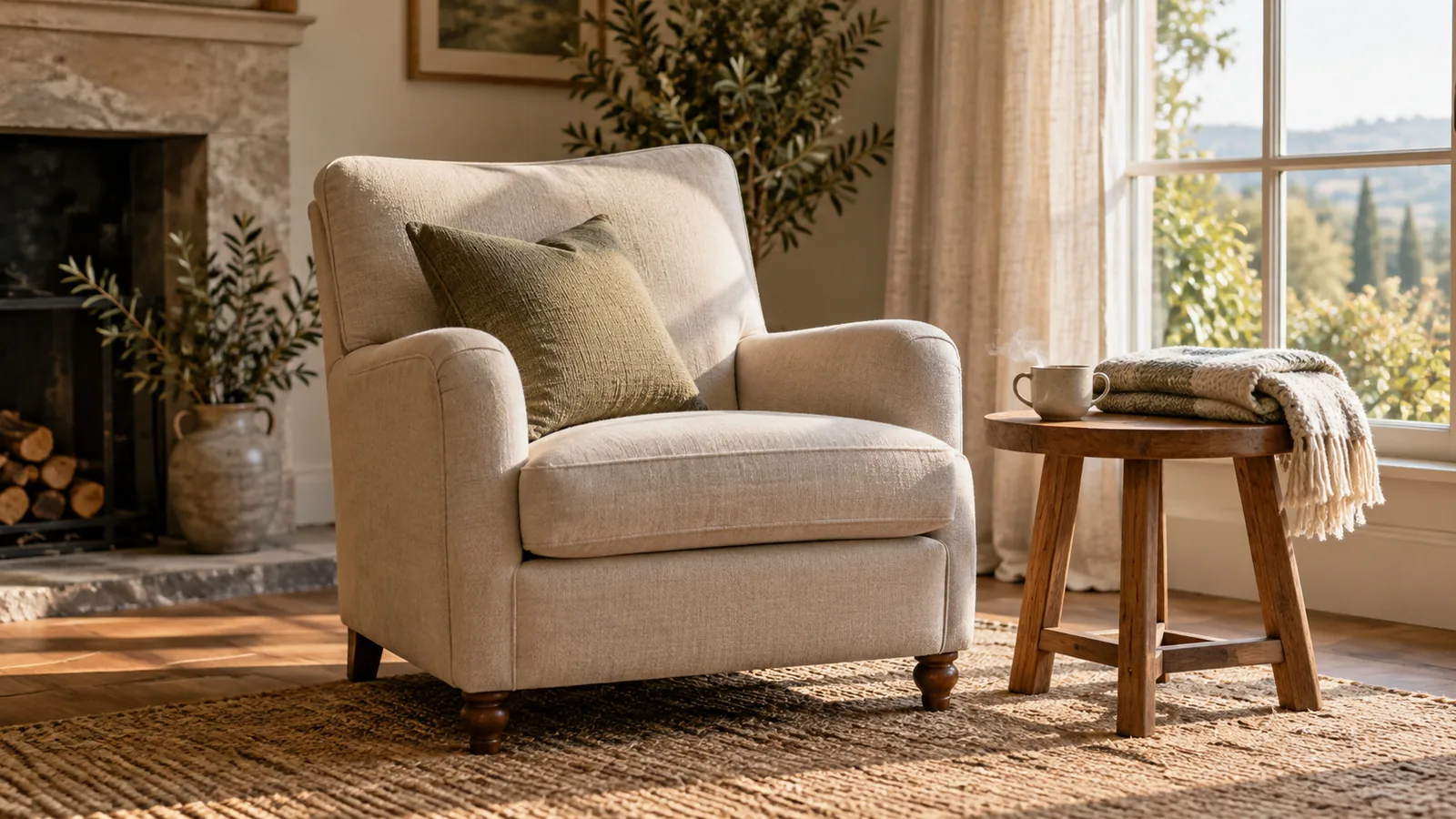 An empty armchair beside a small table with a steaming cup of tea, ready for a quiet chair stretch break.
