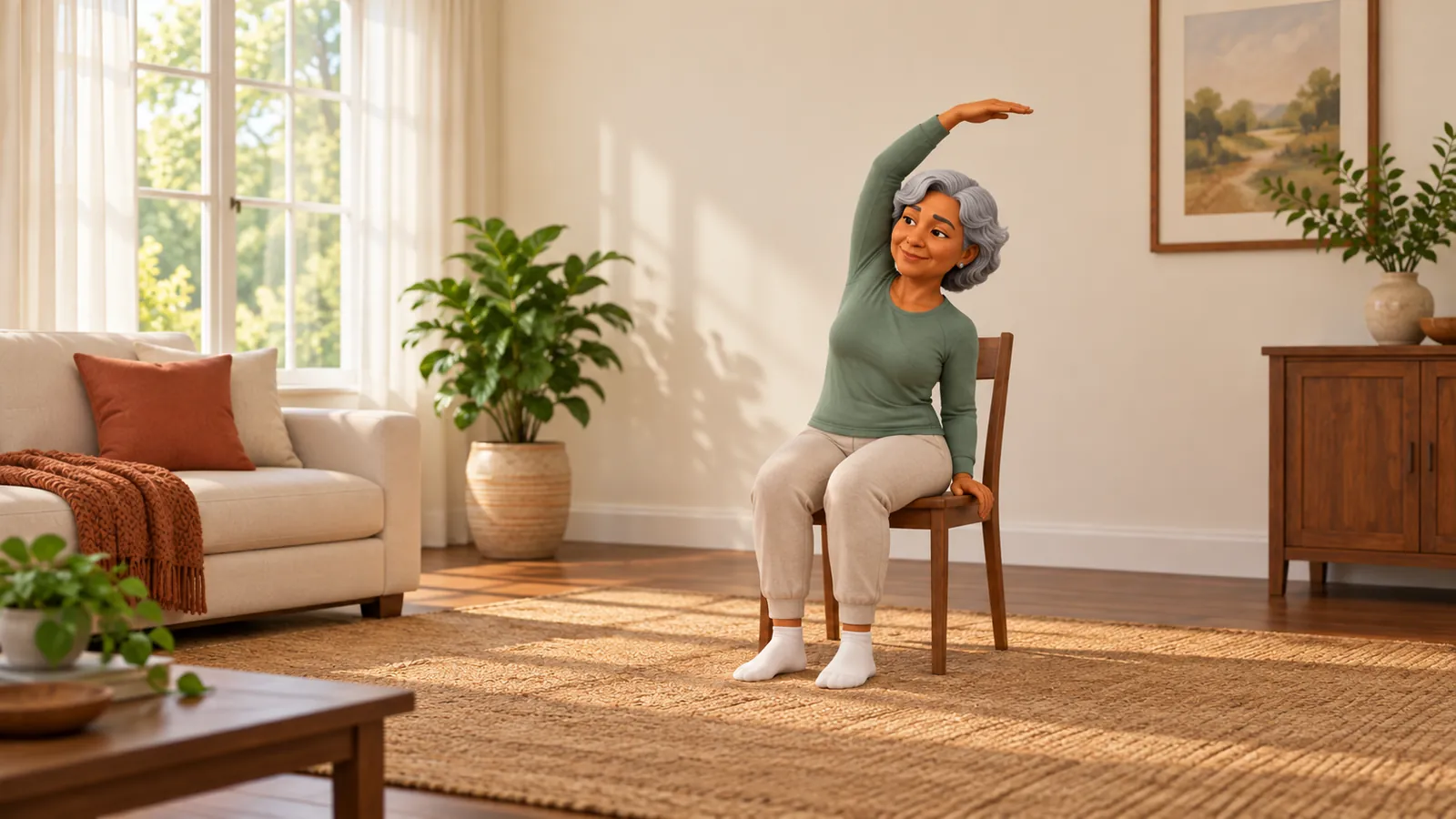 An older woman with grey hair seated on a wooden chair in a living room, reaching one arm gently up and over in a seated side stretch