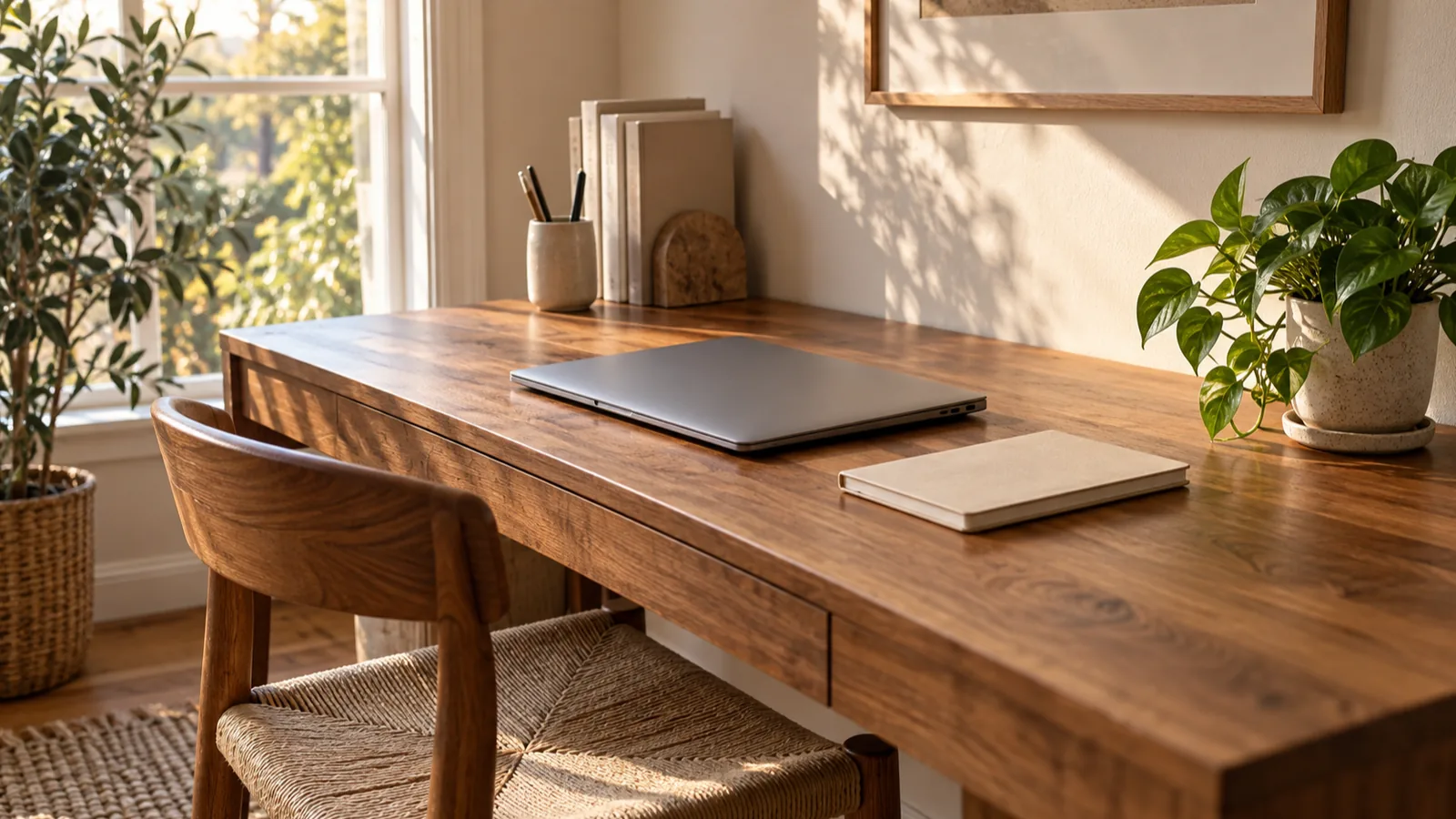 A tidy home desk by a bright window with a wooden chair, a closed laptop and a small plant