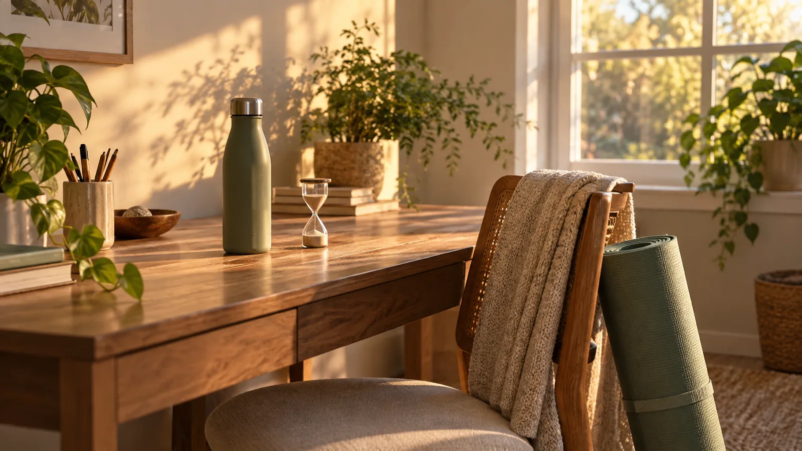 A desk in afternoon light with a water bottle, a small sand timer and a rolled exercise mat by the chair