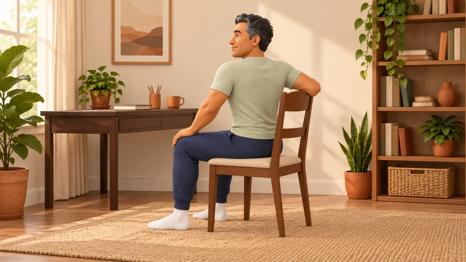 A man doing desk stretches for a stiff back, seated on a wooden chair by his desk in a gentle seated twist with one hand on the chair back