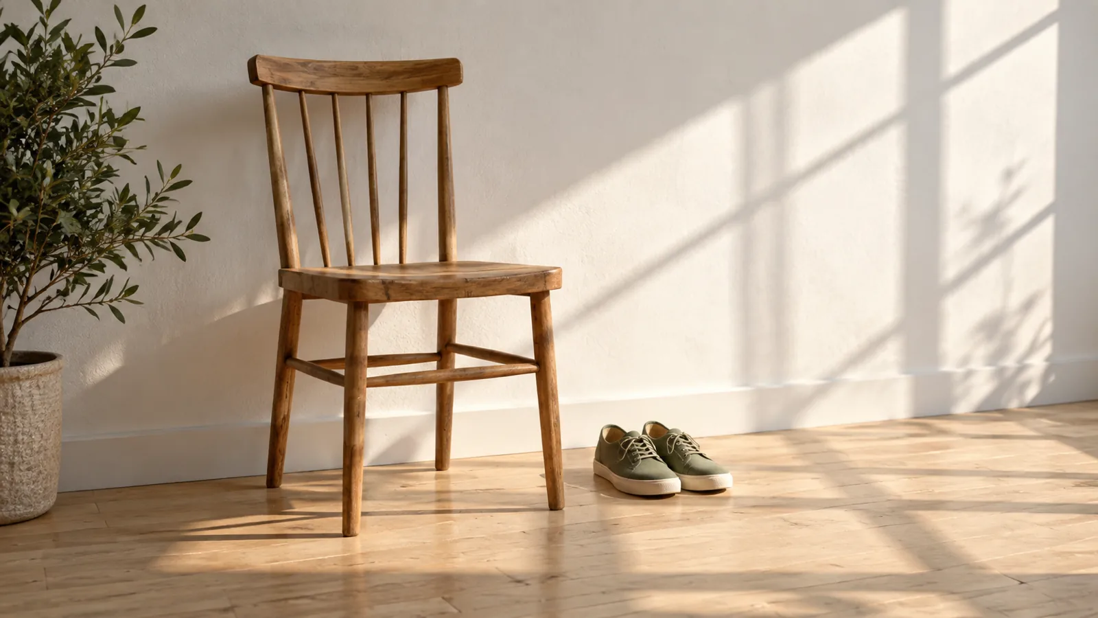A sturdy wooden chair by a white wall in morning sun, with a pair of canvas shoes beside it.
