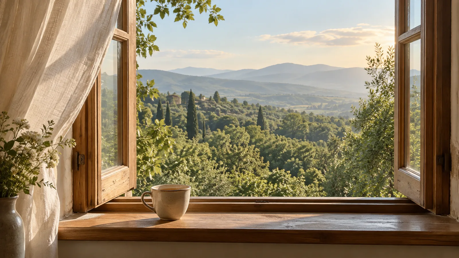 An open window looking out over green treetops to distant hills, with a cup of tea on the sill.