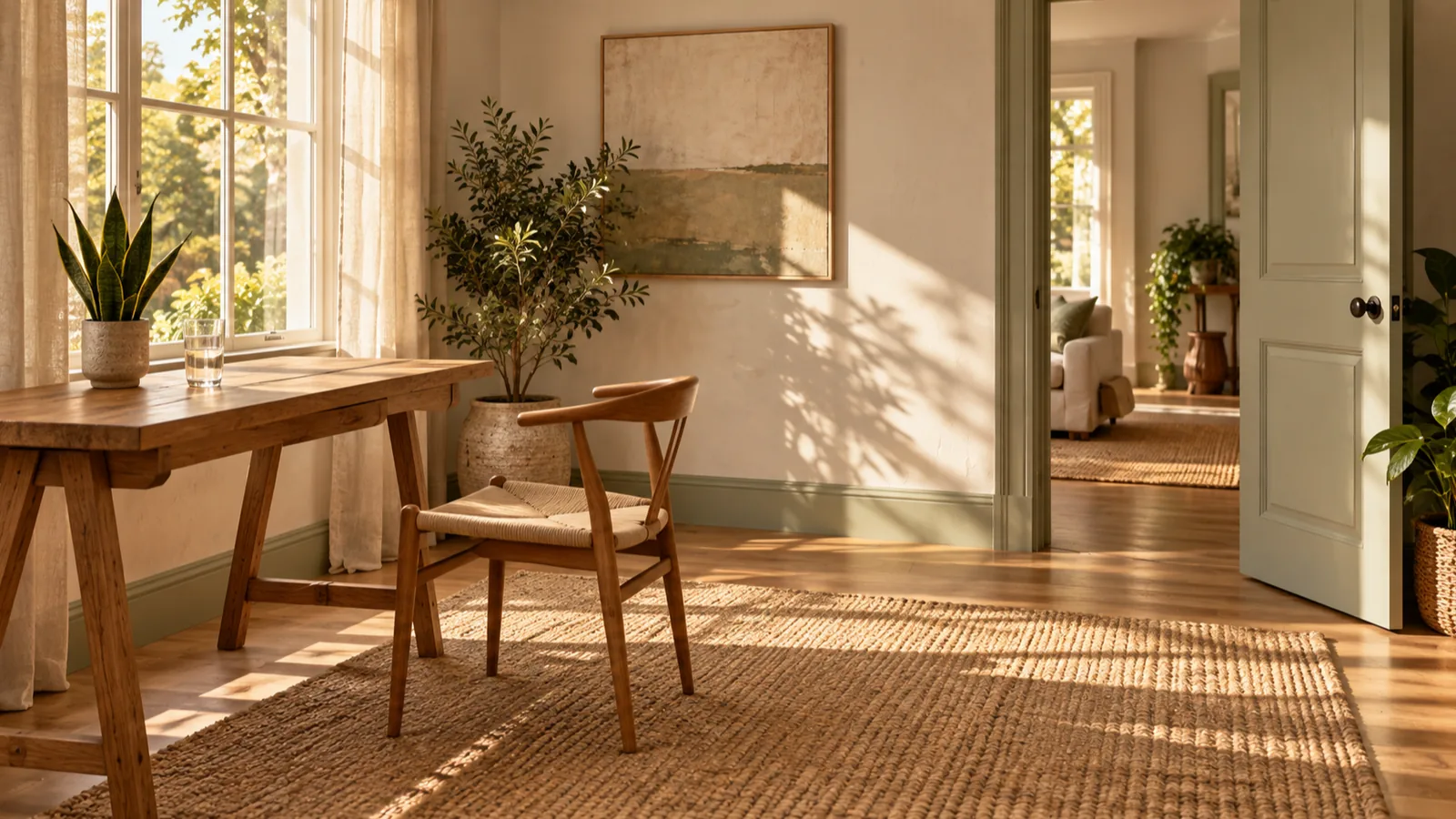 A five minute stretch break at work: a sunny home office corner with the desk chair pushed back, leaving open floor on a woven rug beside a doorway