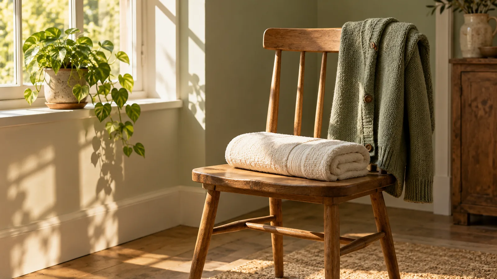 A wooden chair by a sunny window with a folded cardigan on its back and a houseplant on the sill