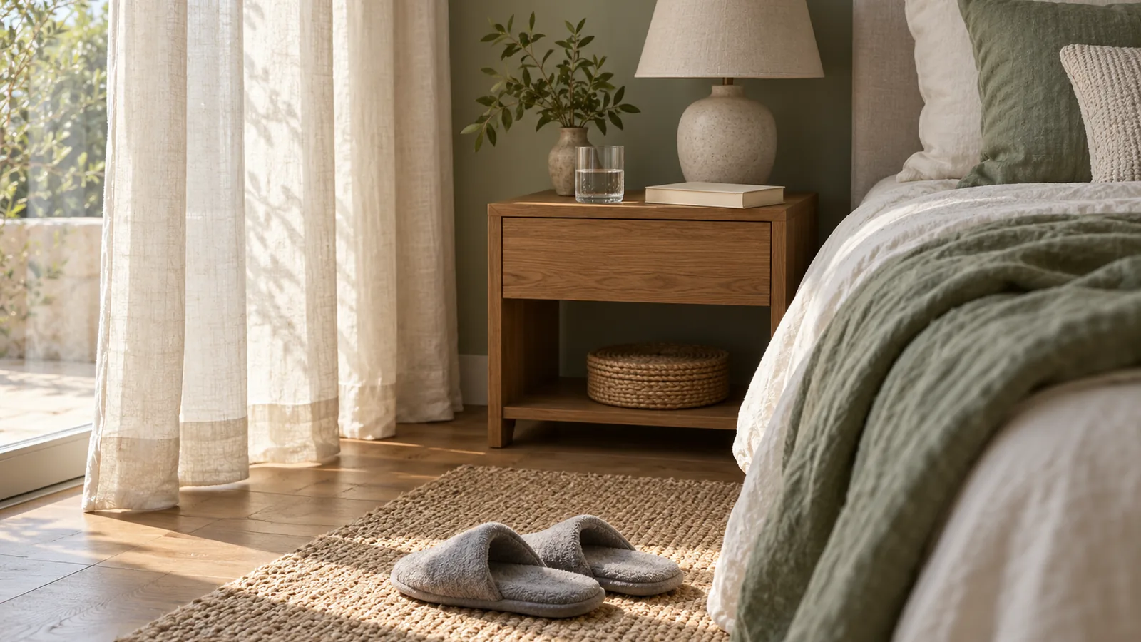 Soft slippers on a woven rug beside a bed with a glass of water on the nightstand in morning light