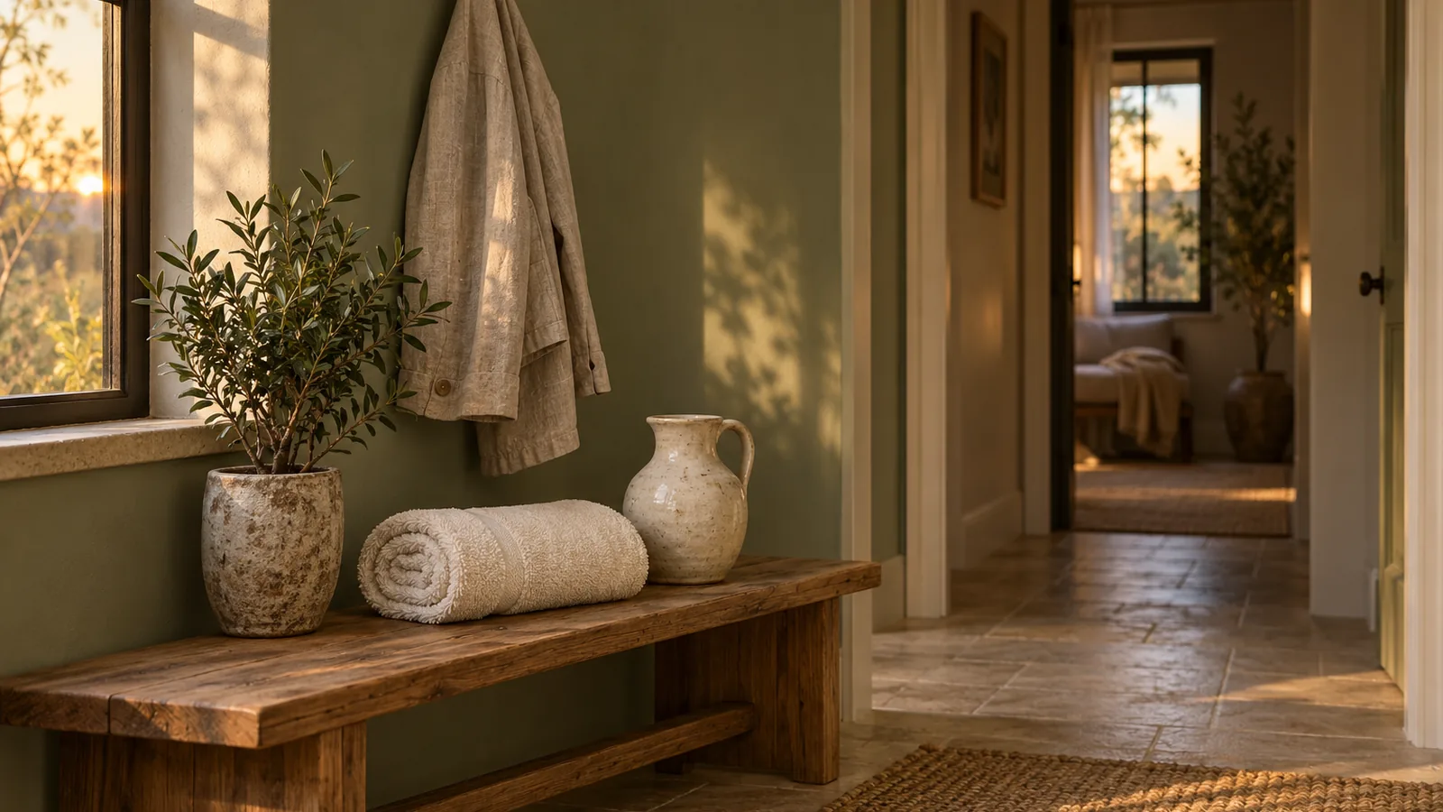 A rolled towel and a water jug on a wooden hallway bench with a linen jacket on a hook above, in soft evening light