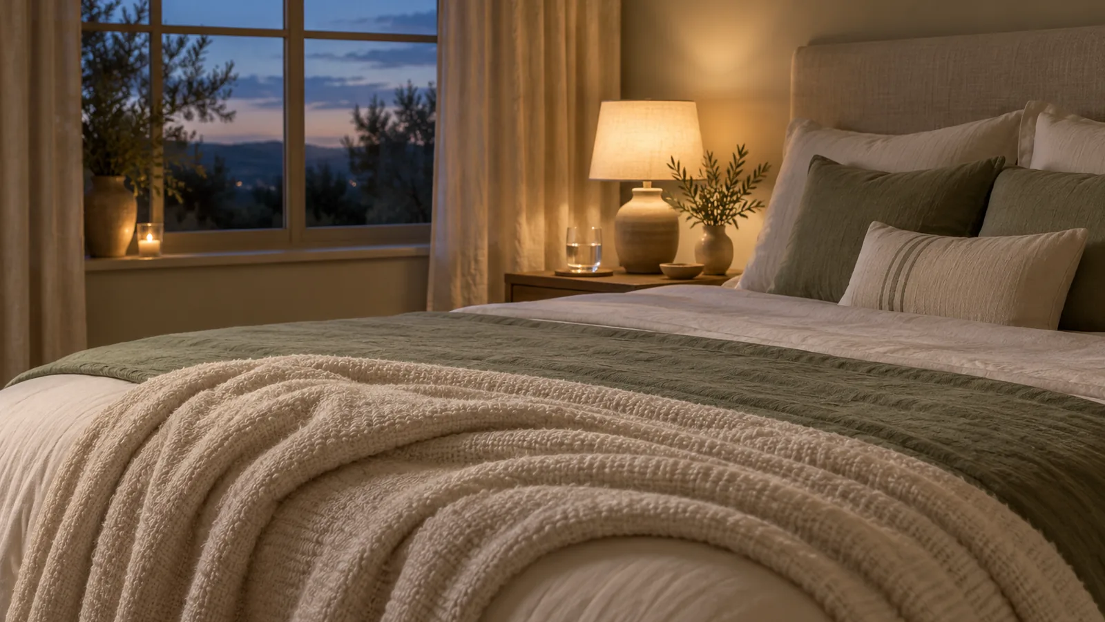 A folded blanket, a glass of water and a lit bedside lamp at the end of a made bed in the evening