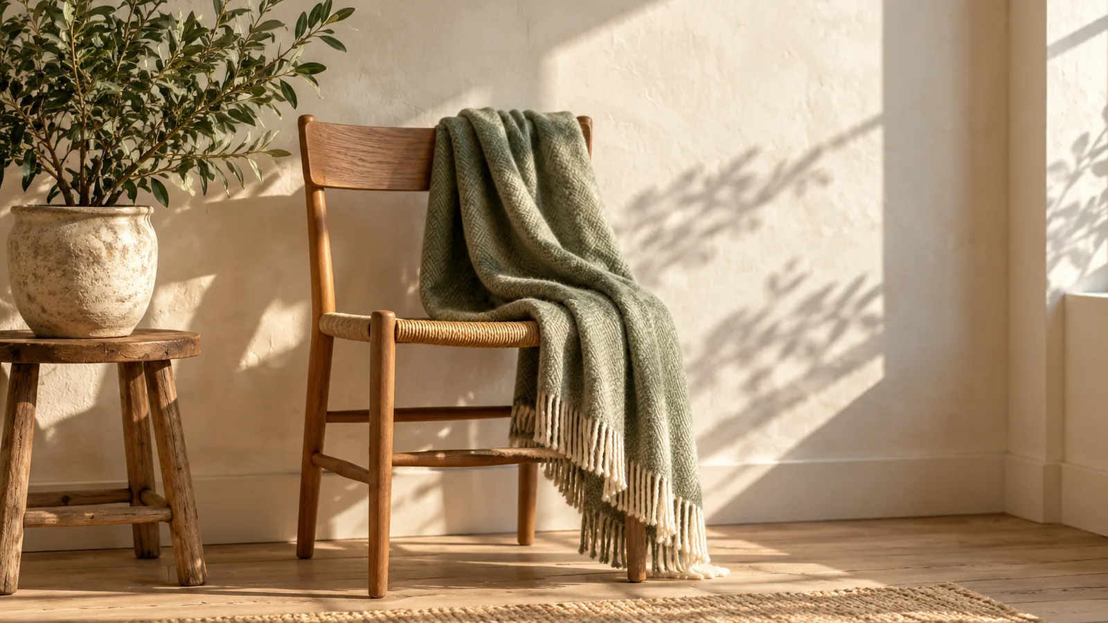 A wooden chair with a folded wool blanket against a sunlit wall, with a plant on a stool beside it