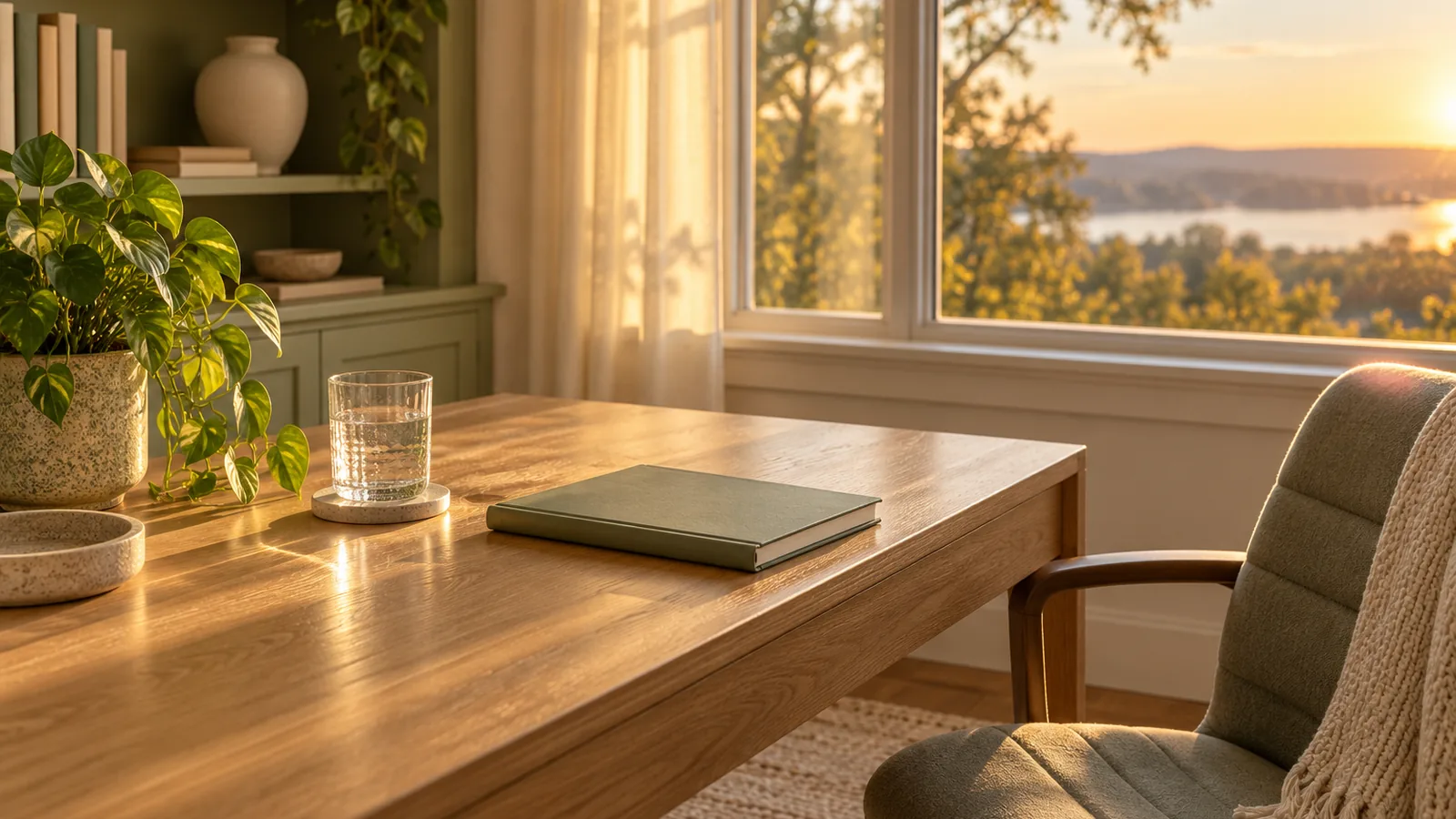 A tidy desk with a closed notebook, a glass of water and a small plant, the chair pushed back, in golden afternoon light