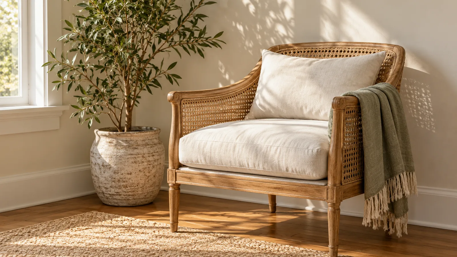 A cane armchair with a plump cushion and a folded throw beside a tall plant in soft morning light