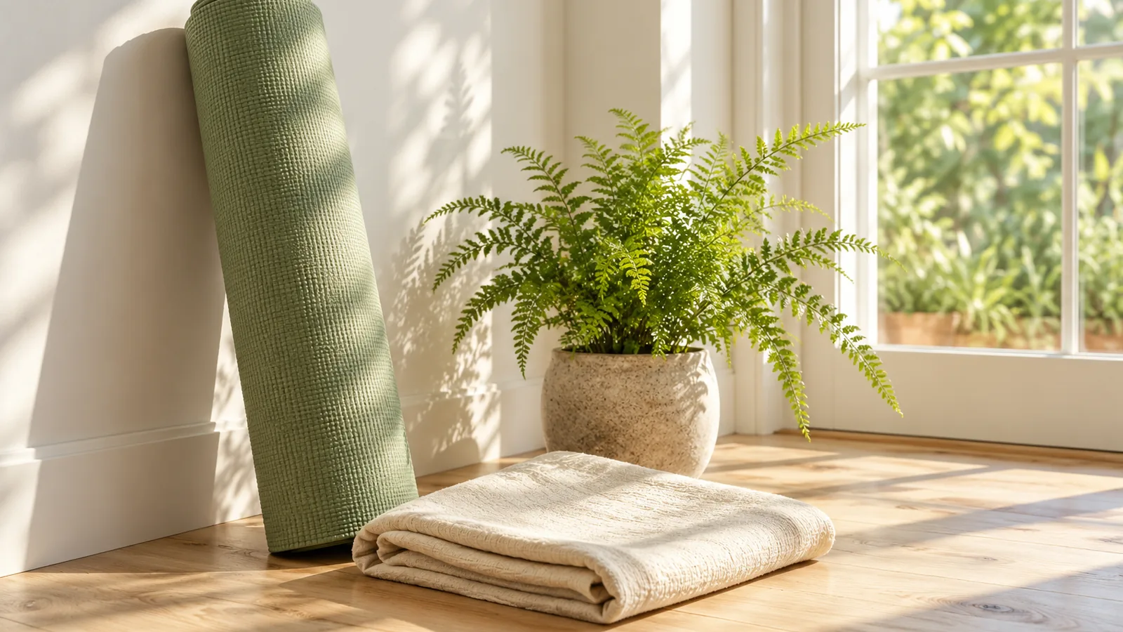 A rolled yoga mat against a white wall beside a tall window, a small fern and a folded cloth on a wooden floor