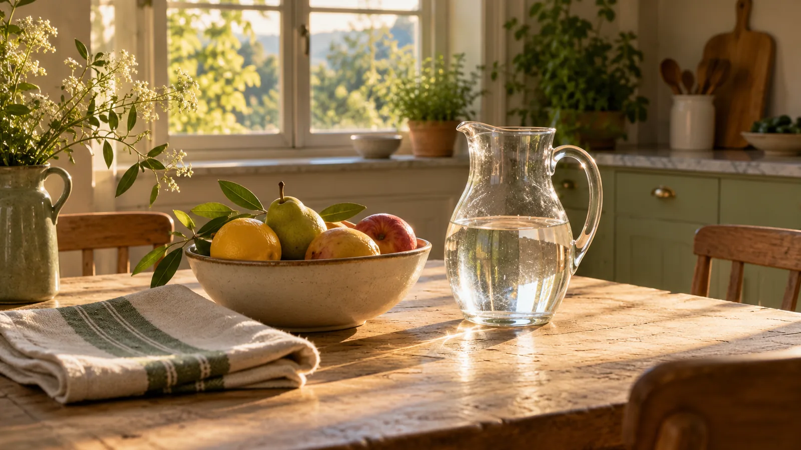 A glass jug of water, a bowl of fruit and a folded tea towel on a kitchen table by a window