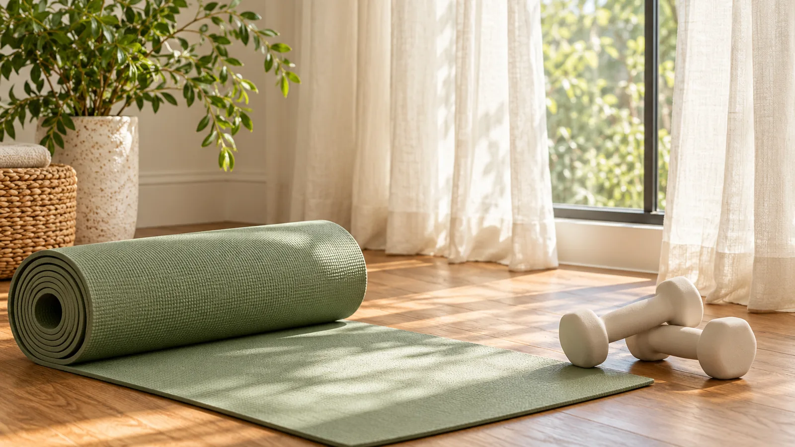 A rolled exercise mat and two light hand weights on a wooden floor beside a window