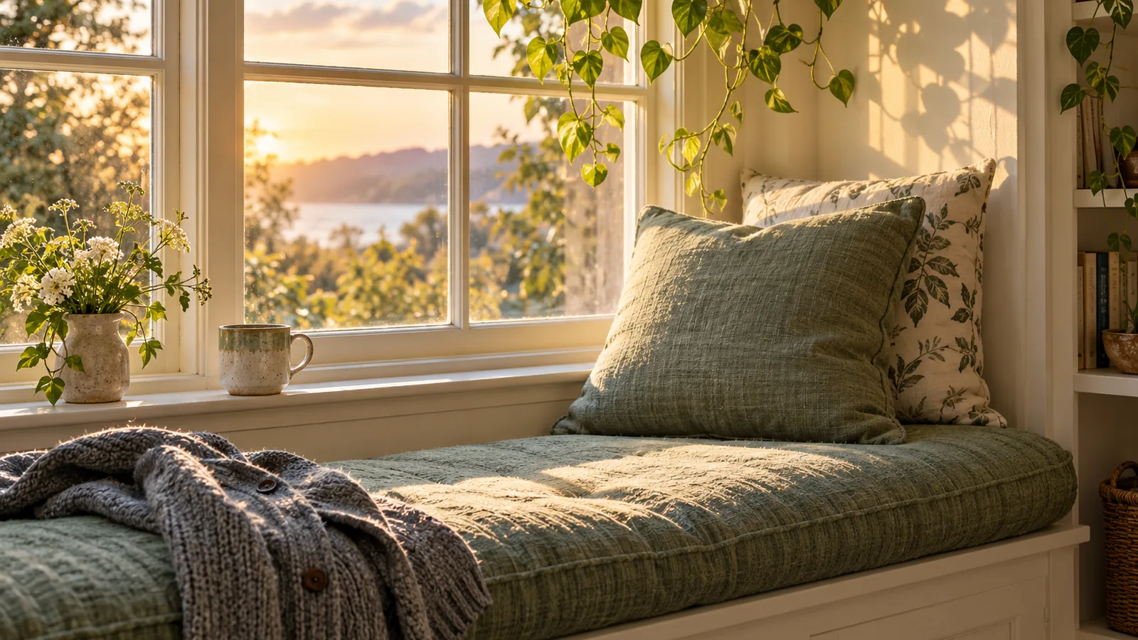 A window seat with a plump cushion and a folded cardigan beside a mug and a trailing plant in late afternoon light