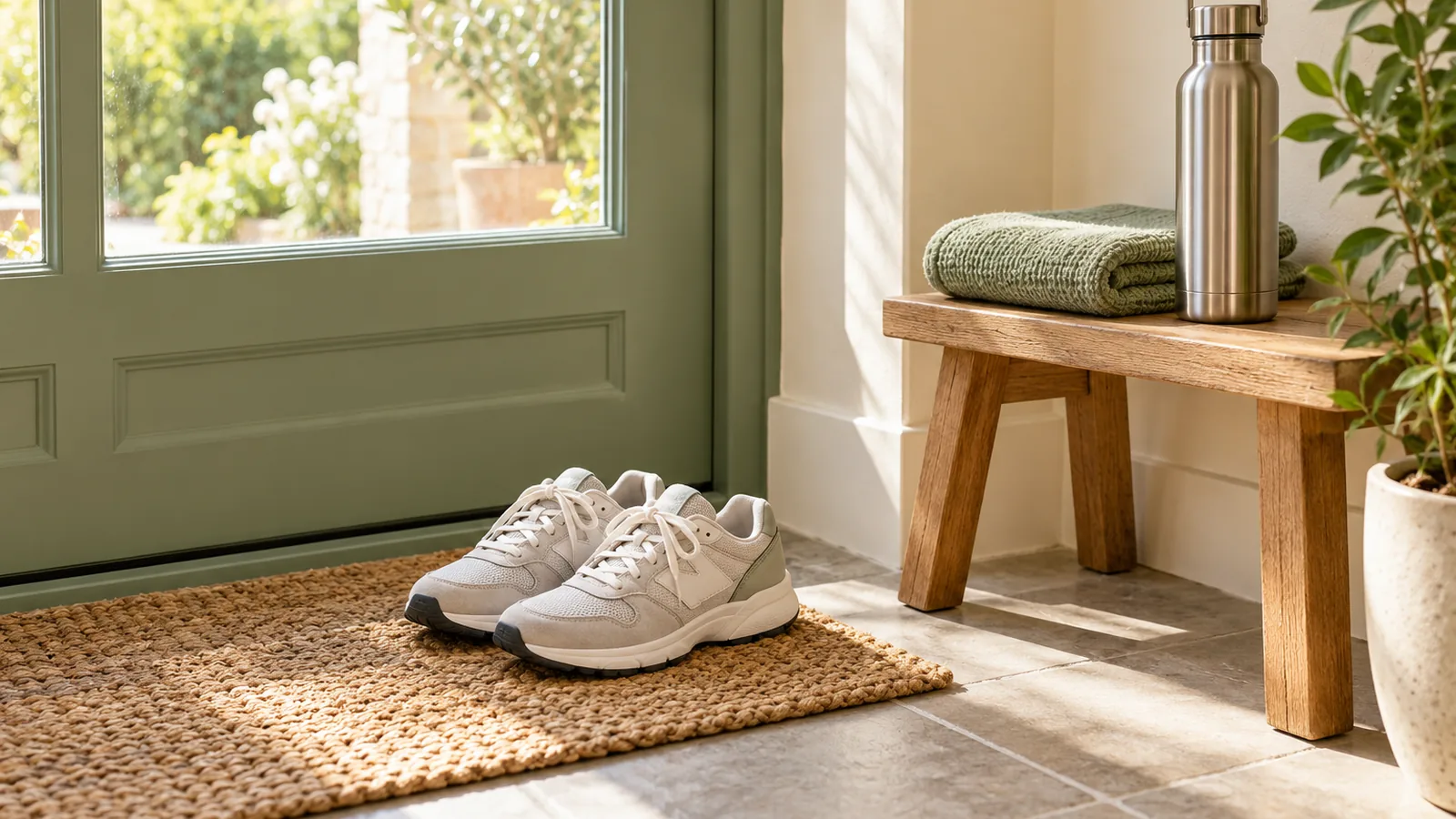A pair of trainers by a front door with a folded towel and a water bottle on a wooden bench