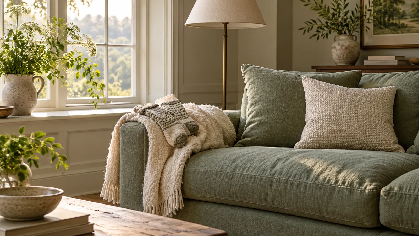 A sofa with a folded throw and a pair of wool socks on its arm beside a window in soft early light