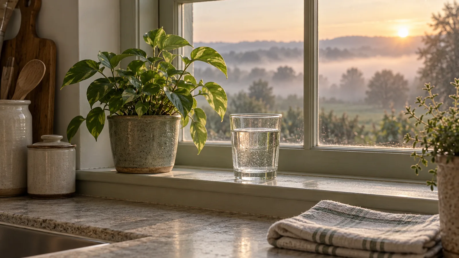 A potted plant and a glass of water on a window sill with early morning mist outside
