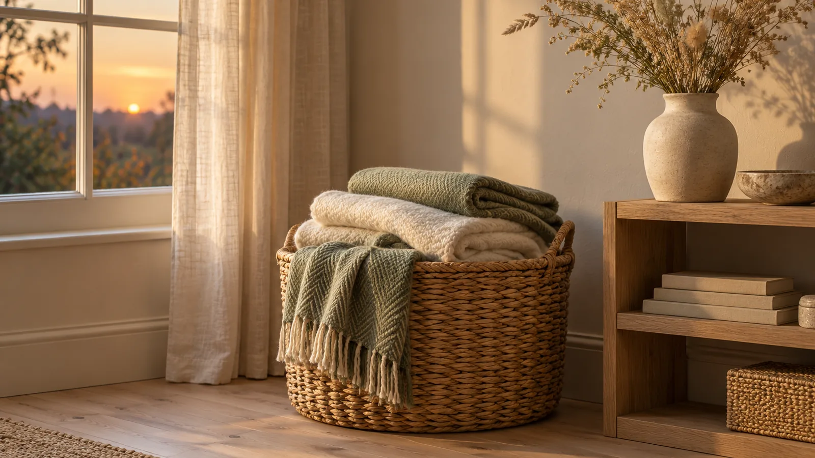 A woven basket of folded blankets beside a shelf with a vase of dried grasses in soft evening light