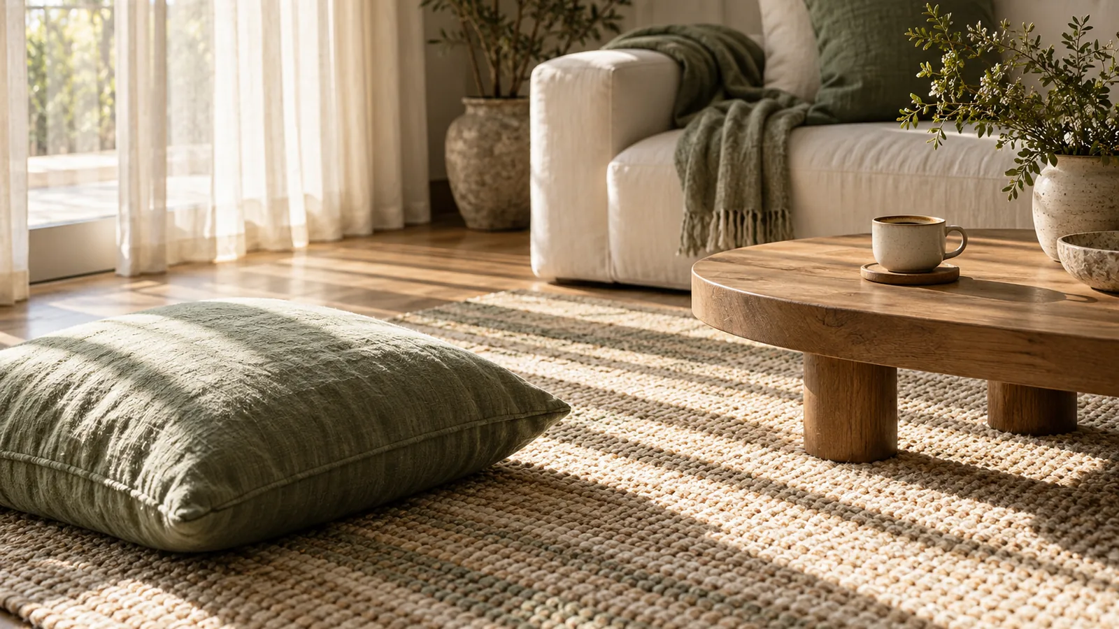 Stripes of morning sunlight across a living room rug beside a cushion and a low table with a cup of coffee