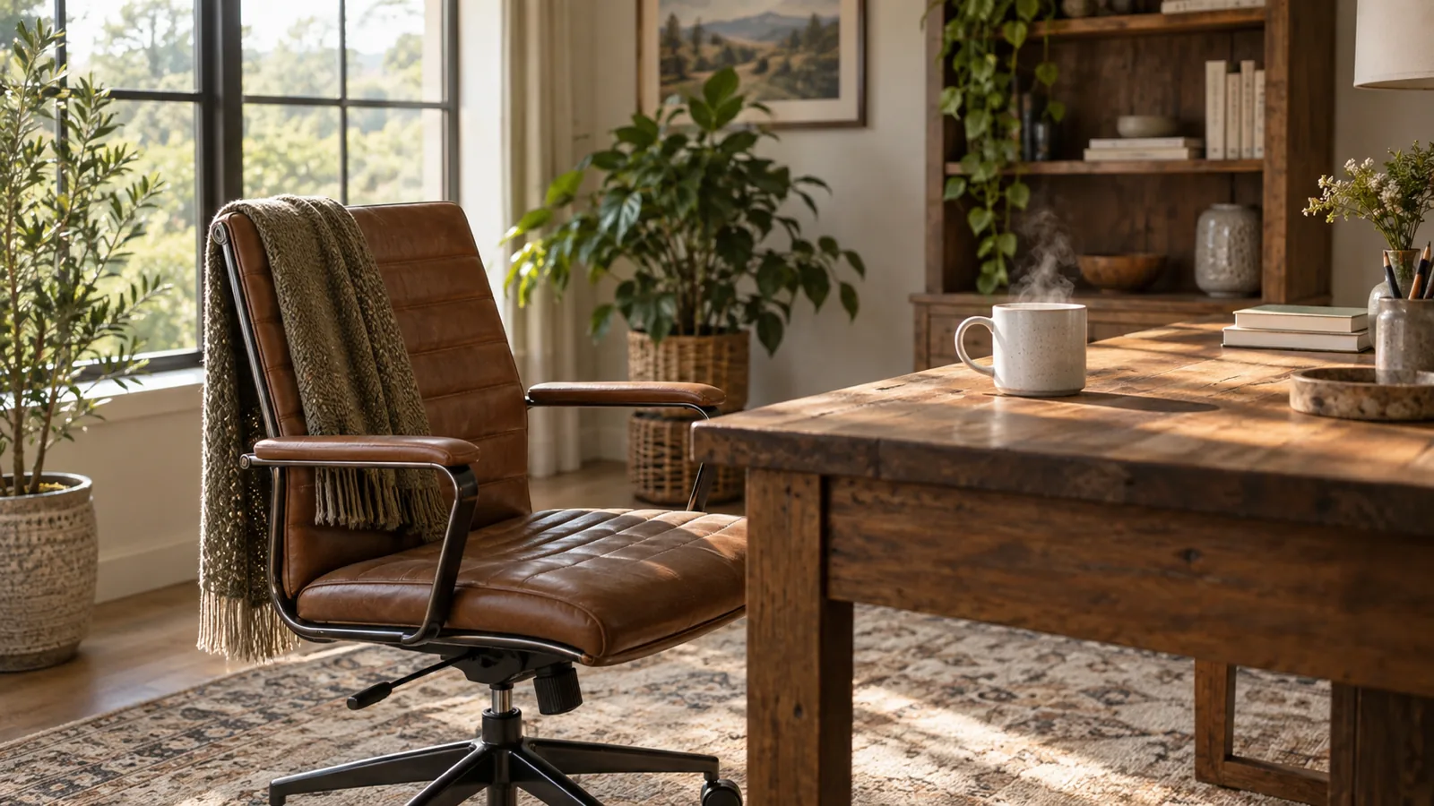 An empty desk chair pulled back from a wooden desk with a steaming mug, ready for a seated hip stretch.