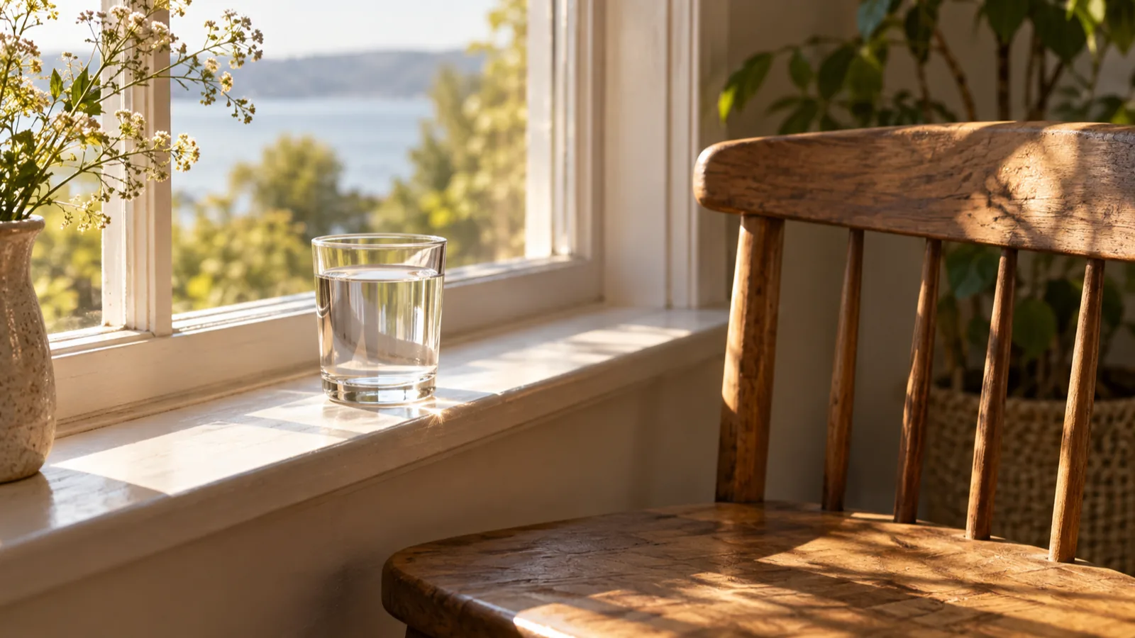 A small glass of water on a windowsill beside a wooden chair, a simple nudge to stand up more often.