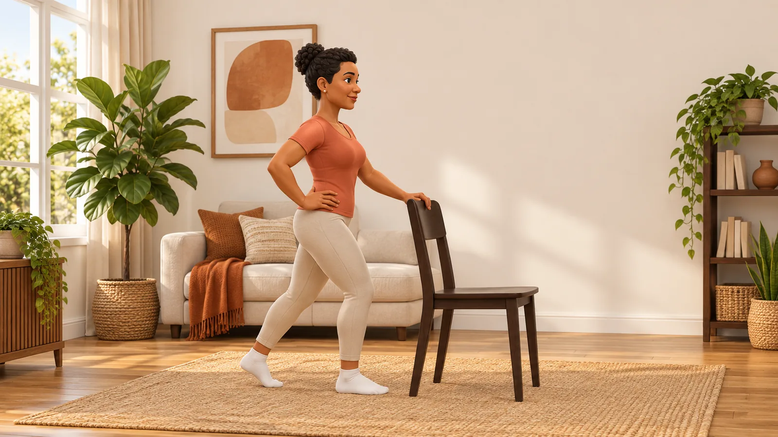 A woman stands tall beside a wooden chair in a short staggered stance, back heel lifted and one hand on the chair back, in a gentle standing hip flexor stretch, one of the best hip stretches after sitting all day