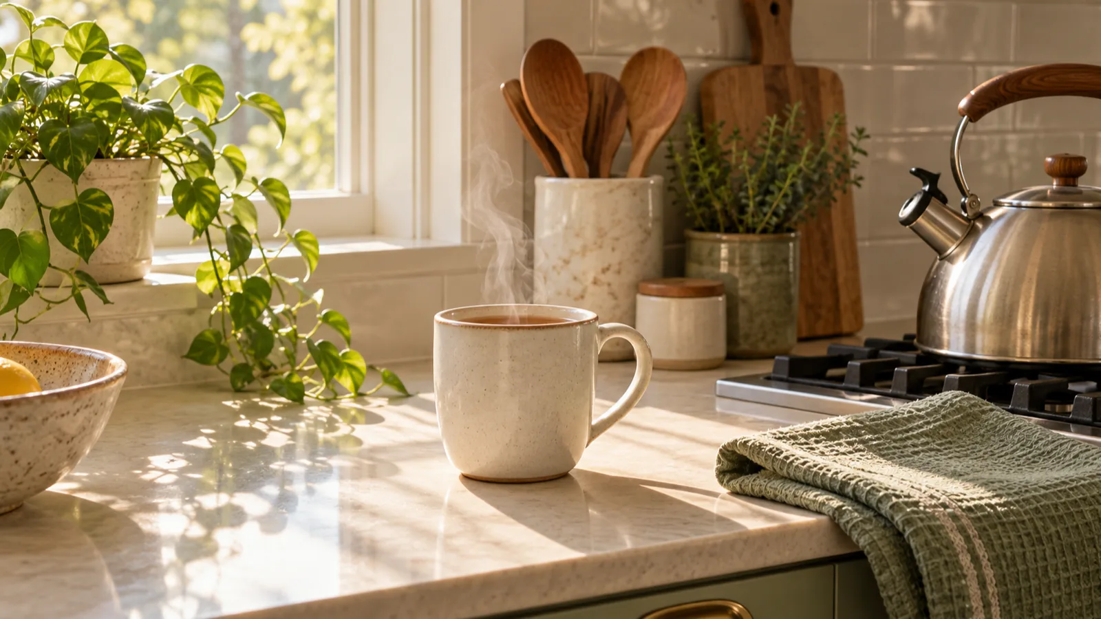 A steaming mug of tea and a kettle on a sunny kitchen counter beside a folded sage towel.