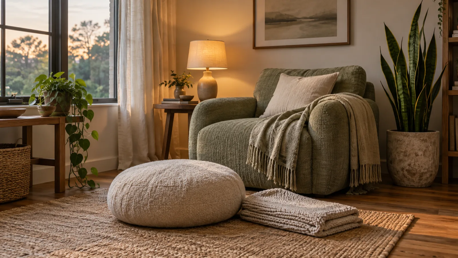 A floor cushion and a folded blanket beside a low armchair in soft evening lamplight.