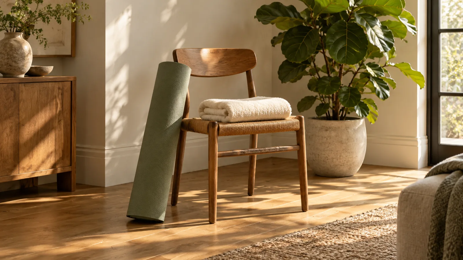 A rolled sage green mat leaning on a wooden chair in a sunlit living room corner, ready for a few minutes of stretching a few times a week