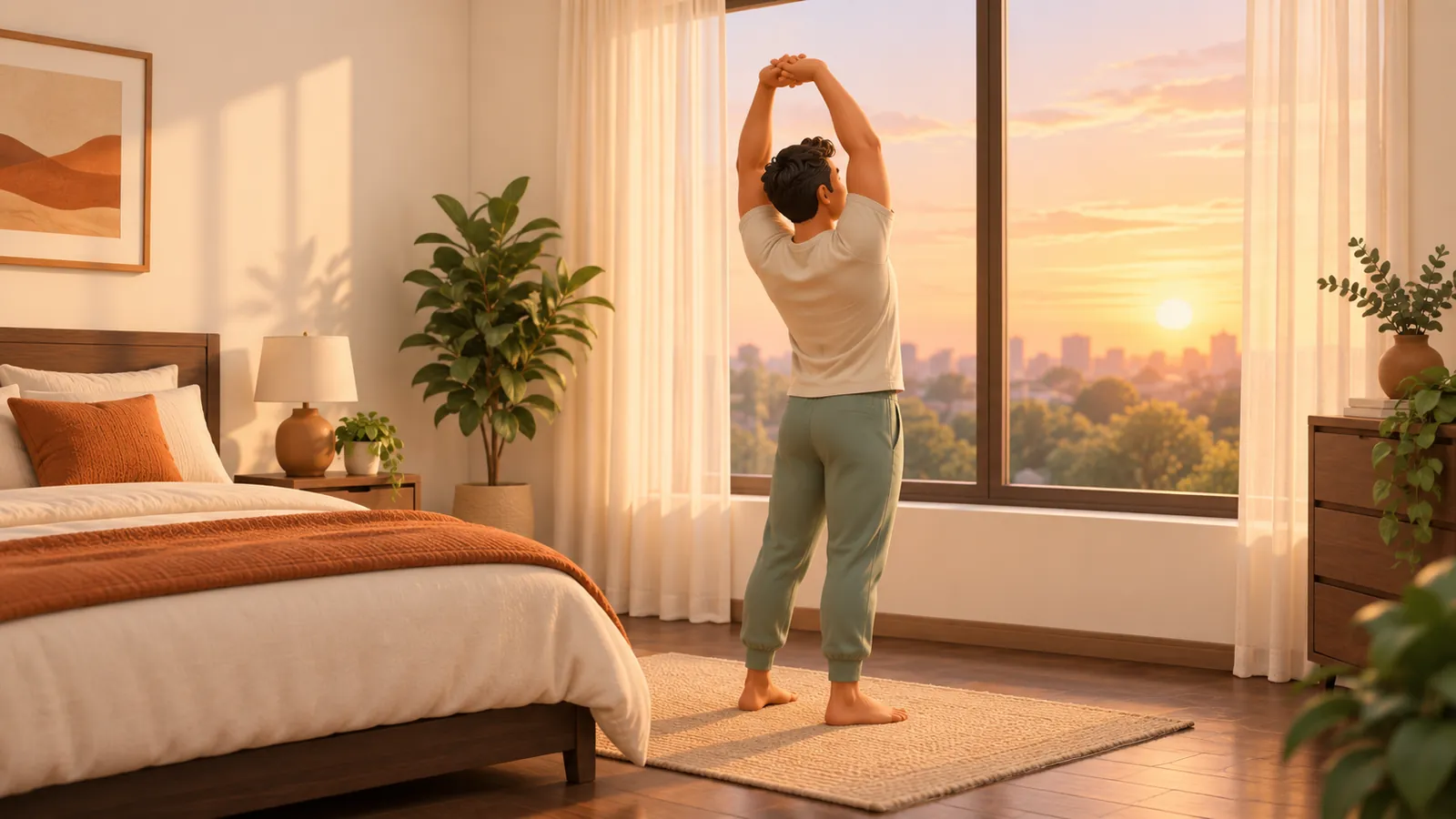 A man seen from behind doing a morning stretch routine for beginners, fingers laced and arms reaching overhead on a rug by a sunrise window, next to his bed