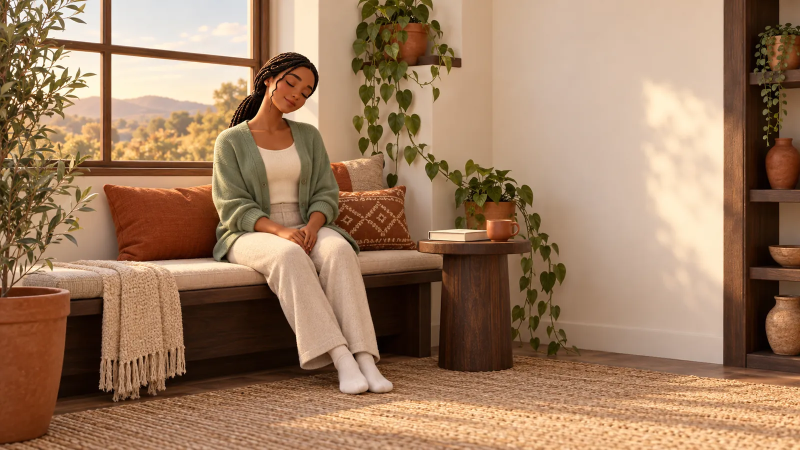 A woman doing neck and shoulder stretches on a cushioned bench by a window, head gently tilted toward one shoulder, eyes closed