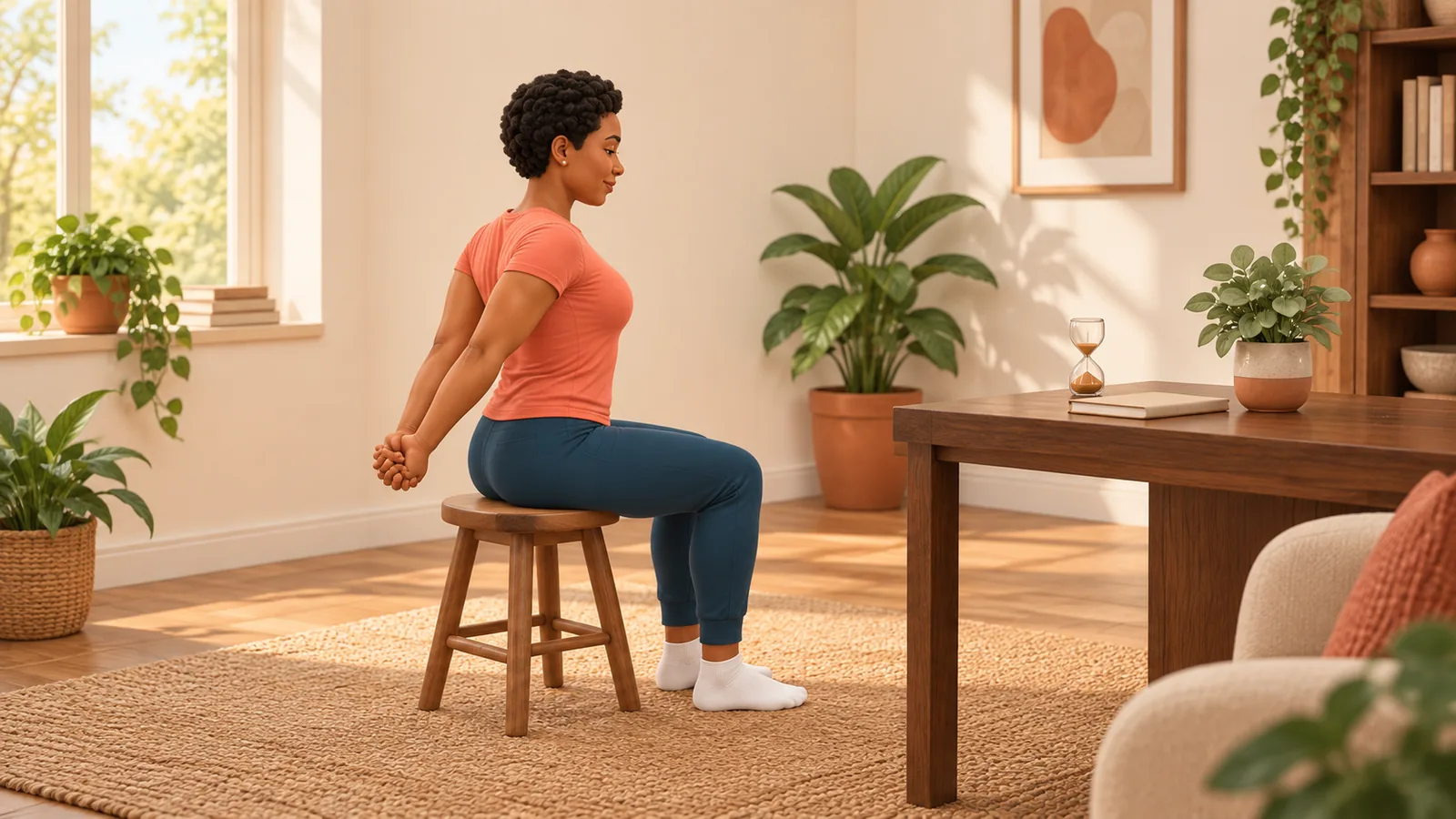A woman sits tall on a wooden stool by her desk with her hands clasped behind her lower back in a gentle seated chest opener, a small hourglass on the desk
