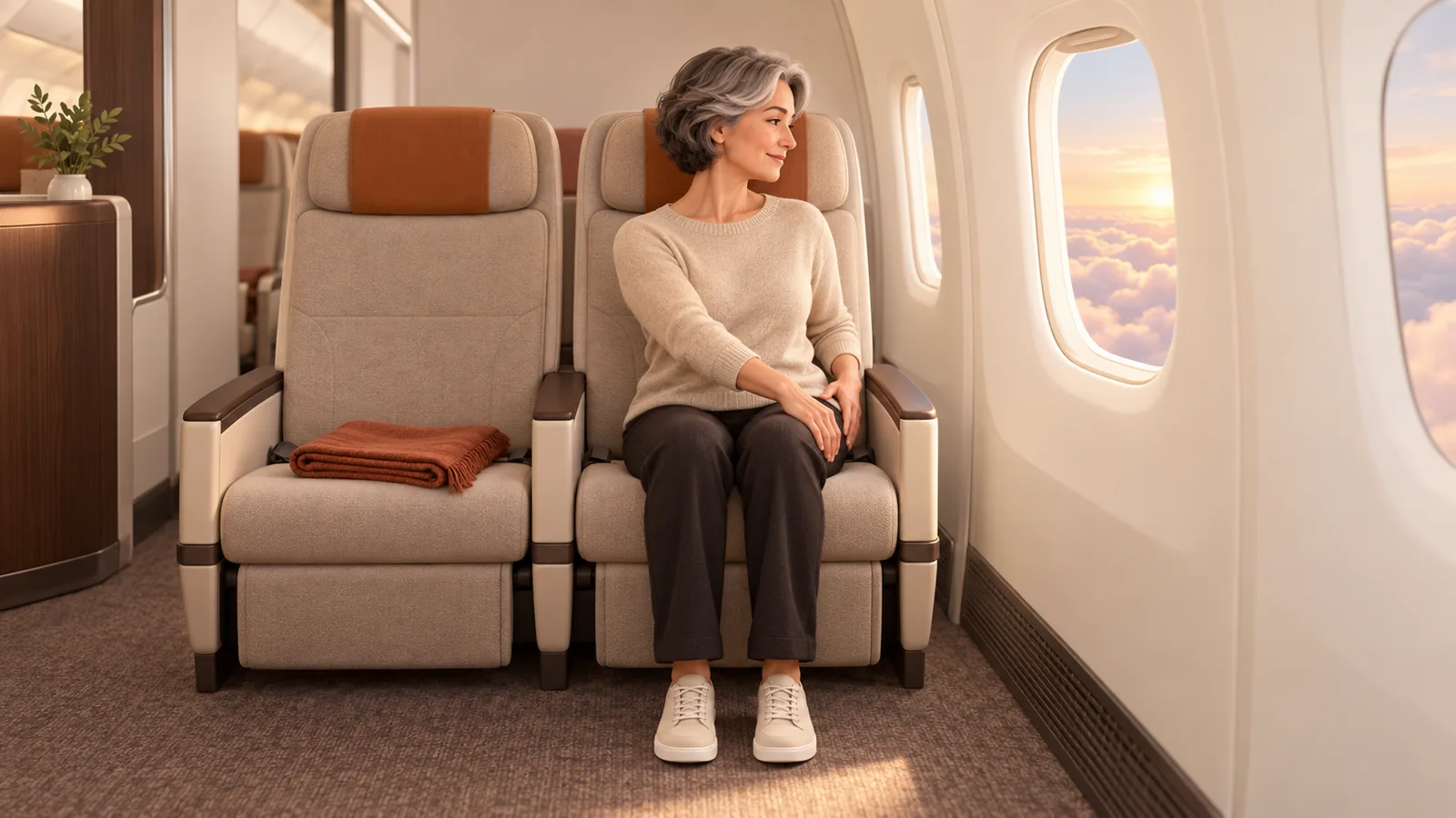 A woman in an airplane window seat does a small seated twist, chest and shoulders turned gently toward the window while her knees face forward and her hands rest on her thighs, an easy stretch for long flights
