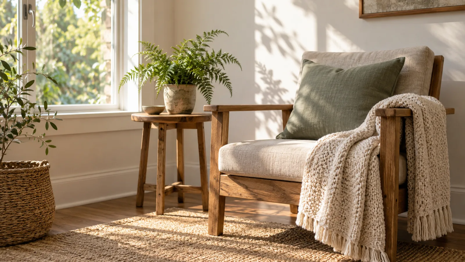 A steady wooden armchair with a sage cushion beside a bright window and a potted fern.