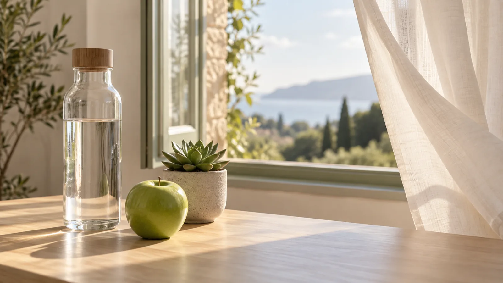 A glass water bottle, a green apple and a small succulent on a pale wooden desk by a window.