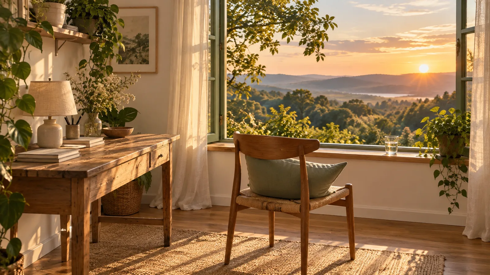 Stretches for screen headaches: a calm desk by a window at golden hour, the chair turned away from the desk towards the view, with a glass of water on the sill