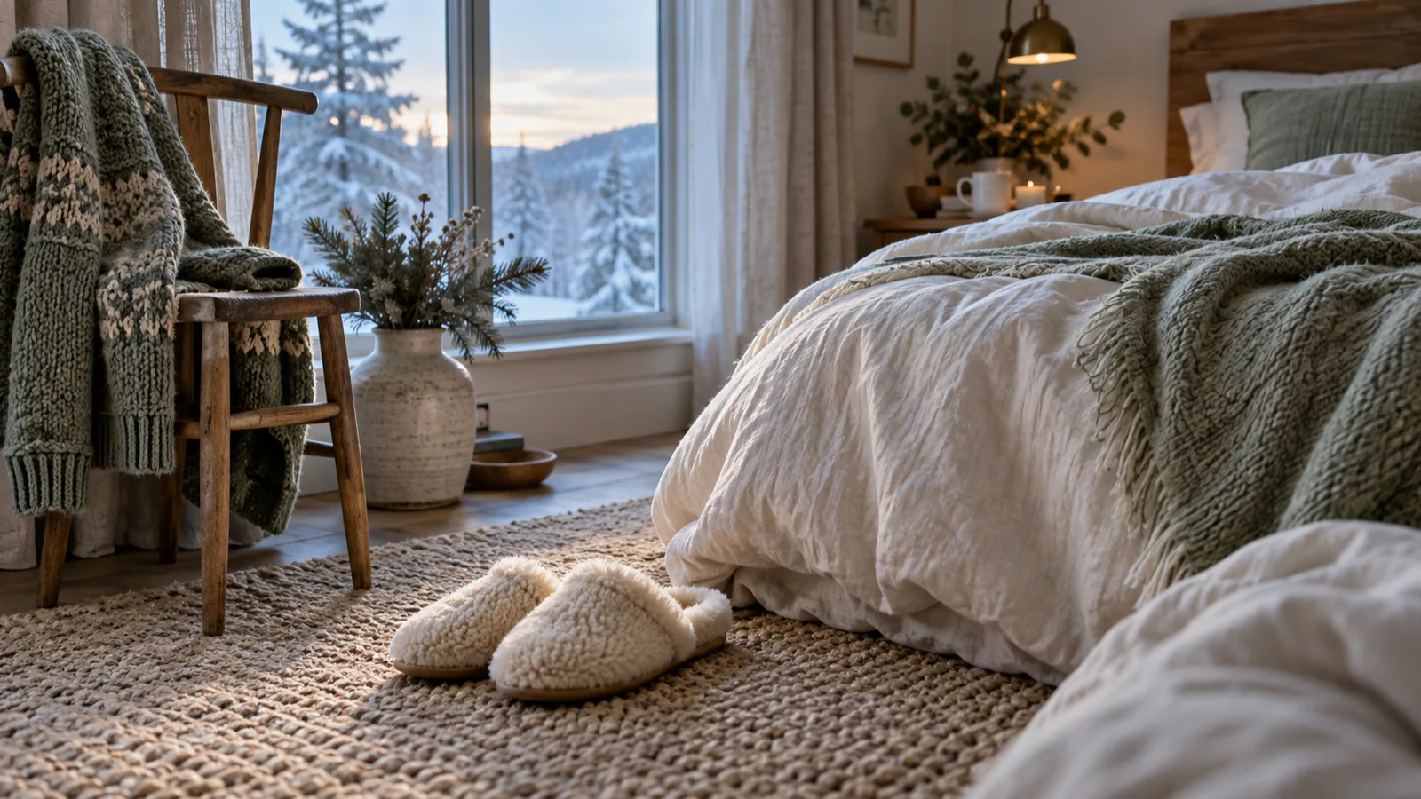 Soft slippers on a woven rug beside the bed and a knitted cardigan over a chair, ready for a cold morning.
