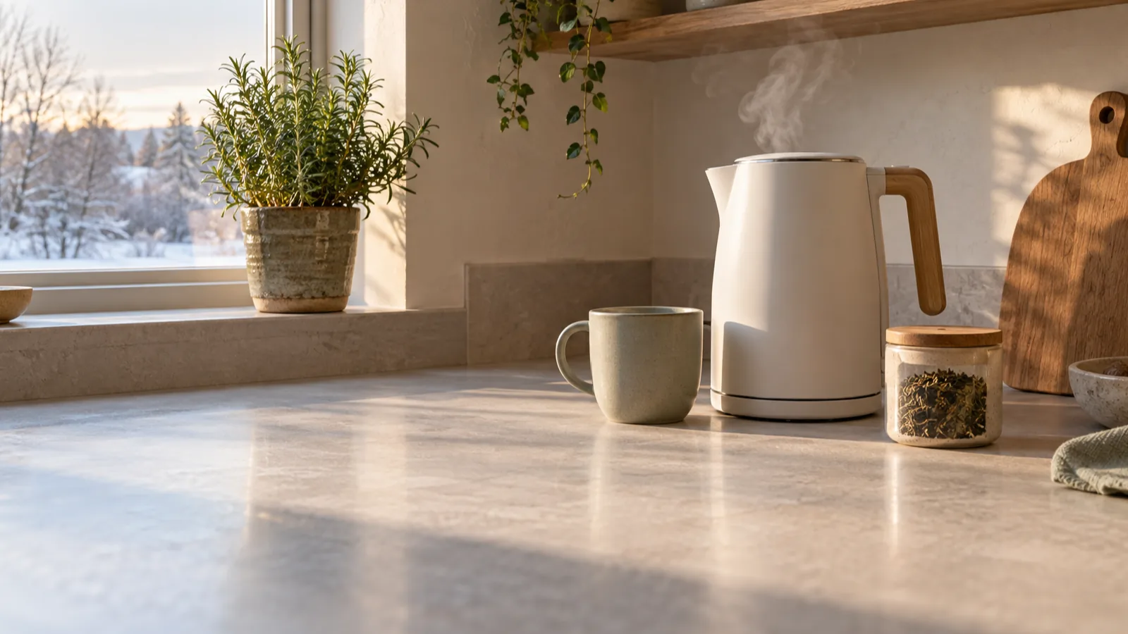A kettle starting to steam on a clear kitchen counter beside an empty mug in pale winter light.