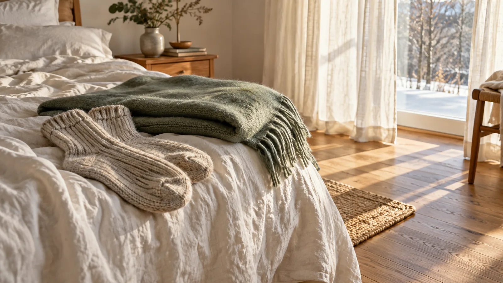 A pair of thick knitted socks and a folded wool blanket on the edge of an unmade bed, pale winter sunlight coming through the window, ready for gentle stretches on a stiff winter morning