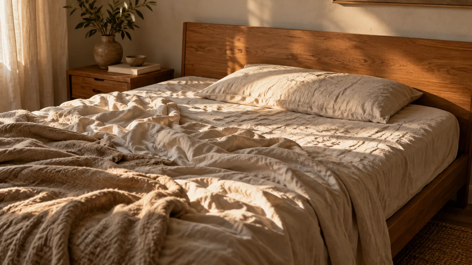 An unmade bed with a thin pillow and soft rumpled linen in morning light, ready for gentle stretches in bed.