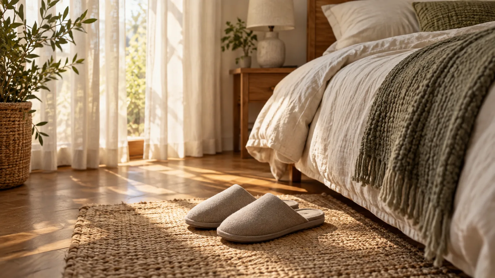 A pair of slippers resting on the floor beside a made bed in morning light, ready for a slow start.